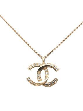Chanel CC Logo Necklace Gold Plated Line Stone